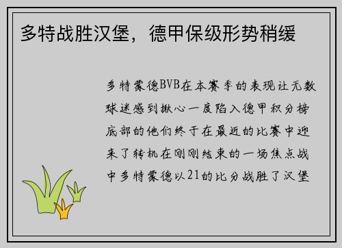 多特战胜汉堡，德甲保级形势稍缓